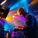 A photograph of a skilled lighting contractor at work