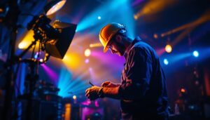 A photograph of a skilled lighting contractor at work
