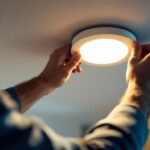 A photograph of a lighting contractor installing a recessed light with a cover in a modern home setting