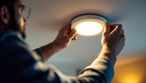 A photograph of a lighting contractor installing a recessed light with a cover in a modern home setting