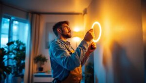 A photograph of a lighting contractor efficiently installing small led strips in a residential or commercial space