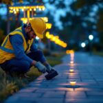 A photograph of a lighting contractor installing solar-powered sidewalk lights in an outdoor setting