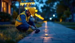 A photograph of a lighting contractor installing solar-powered sidewalk lights in an outdoor setting
