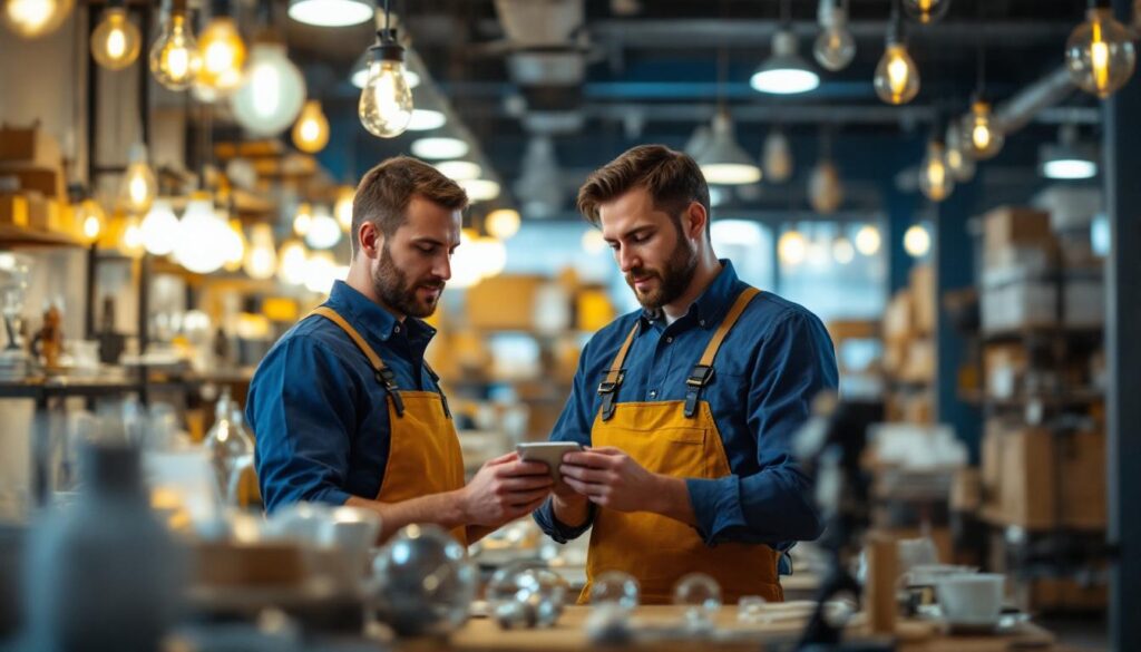 A photograph of a skilled lighting contractor expertly showcasing a variety of light bulbs and fixtures in a well-organized