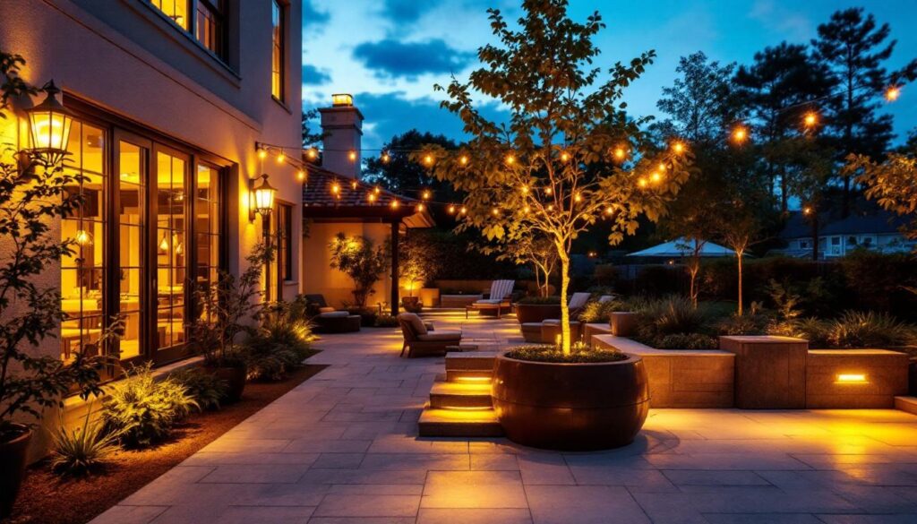A photograph of a beautifully illuminated outdoor patio scene at dusk