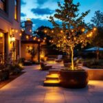 A photograph of a beautifully illuminated outdoor patio scene at dusk