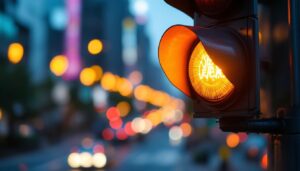A photograph of a close-up of a vibrant traffic light with its bulbs illuminated against a backdrop of a bustling city street