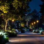 A photograph of a beautifully illuminated outdoor space featuring various styles of flood lighting in action