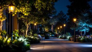 A photograph of a beautifully illuminated outdoor space featuring various styles of flood lighting in action