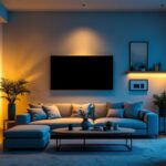 A photograph of a modern living room showcasing a variety of lighting control systems in action