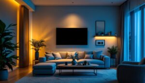 A photograph of a modern living room showcasing a variety of lighting control systems in action