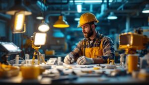 A photograph of a lighting contractor examining various led light fixtures in a well-lit workspace