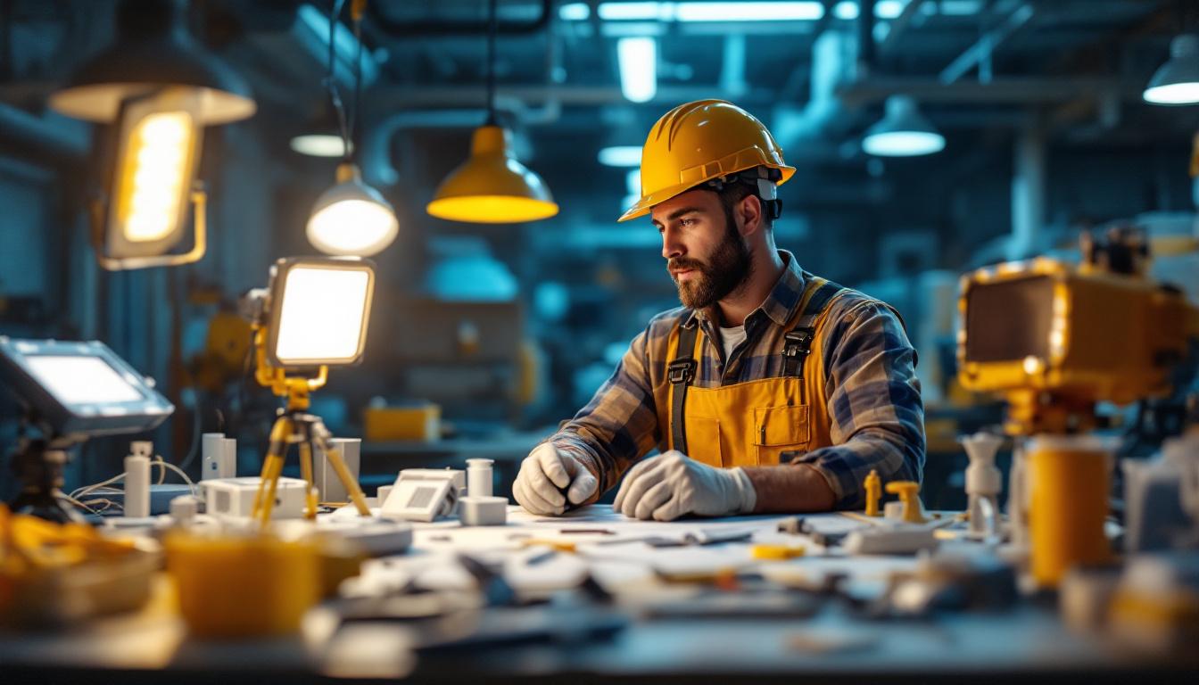 A photograph of a lighting contractor examining various led light fixtures in a well-lit workspace
