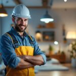A photograph of a lighting contractor confidently inspecting a well-lit residential or commercial space