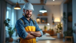 A photograph of a lighting contractor confidently inspecting a well-lit residential or commercial space
