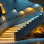 A photograph of a beautifully designed staircase illuminated by various stylish lighting fixtures