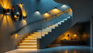 A photograph of a beautifully designed staircase illuminated by various stylish lighting fixtures