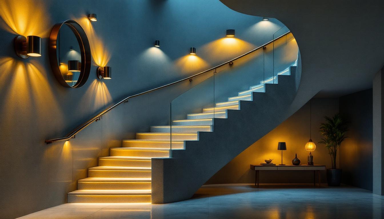 A photograph of a beautifully designed staircase illuminated by various stylish lighting fixtures