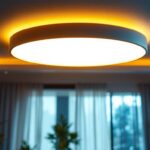 A photograph of a stylish ceiling uplight fixture in a modern interior setting