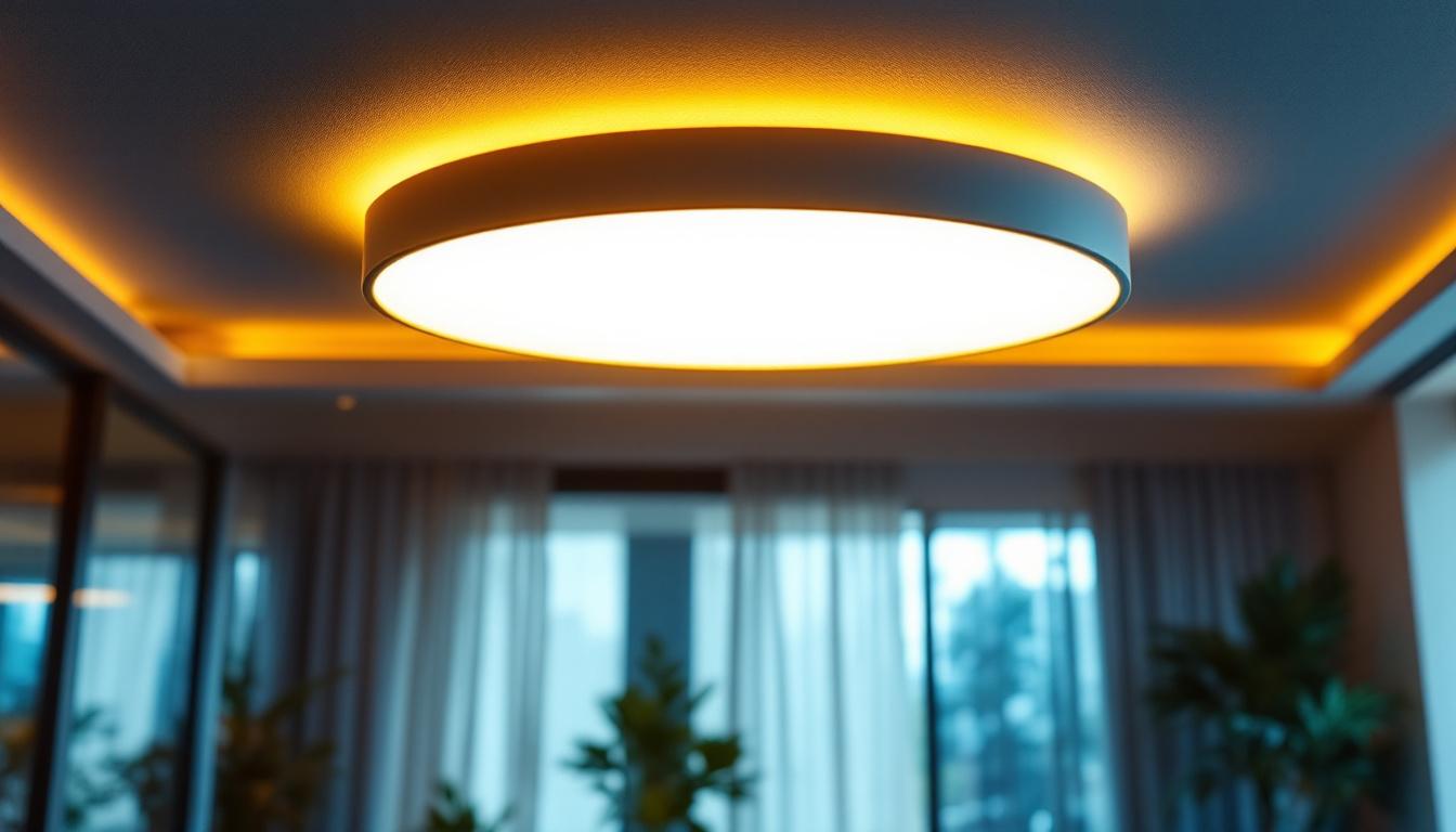 A photograph of a stylish ceiling uplight fixture in a modern interior setting