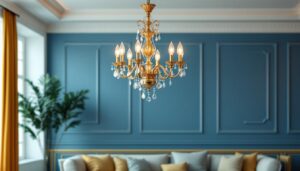 A photograph of a beautifully designed clearance chandelier hanging in an elegantly styled room