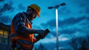 A photograph of a lighting contractor inspecting a white light pole installation at dusk