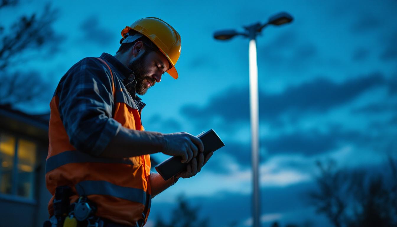 A photograph of a lighting contractor inspecting a white light pole installation at dusk