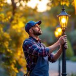 A photograph of a skilled lighting contractor expertly installing or adjusting elegant outdoor lighting fixtures on decorative poles