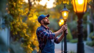 A photograph of a skilled lighting contractor expertly installing or adjusting elegant outdoor lighting fixtures on decorative poles