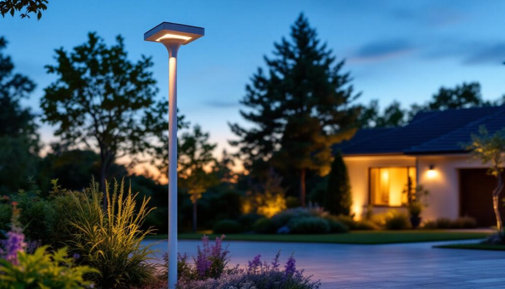 A photograph of a sleek white solar lamp post light installed in a beautifully landscaped outdoor setting