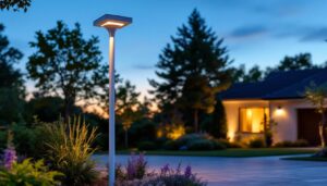 A photograph of a sleek white solar lamp post light installed in a beautifully landscaped outdoor setting