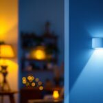 A photograph of a cozy indoor setting featuring a motion detector light in action