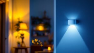 A photograph of a cozy indoor setting featuring a motion detector light in action