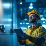 A photograph of a lighting contractor inspecting a well-lit commercial space