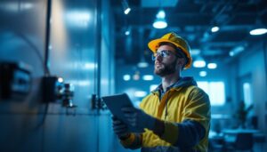 A photograph of a lighting contractor inspecting a well-lit commercial space