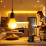 A photograph of a lighting contractor expertly installing led retrofit bulbs in a modern residential setting
