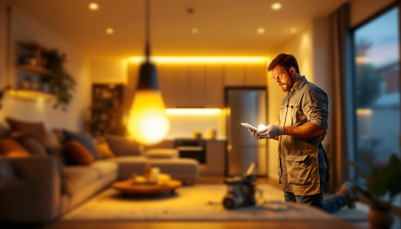 A photograph of a lighting contractor expertly installing led retrofit bulbs in a modern residential setting
