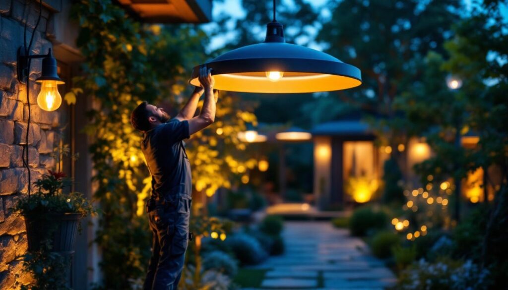 A photograph of a lighting contractor in action