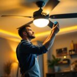 A photograph of a lighting contractor adjusting a ceiling fan speed control in a well-lit residential setting
