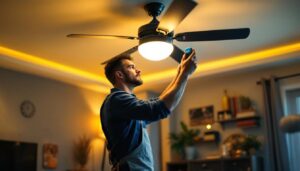 A photograph of a lighting contractor adjusting a ceiling fan speed control in a well-lit residential setting