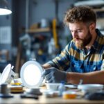 A photograph of capture a photograph of a lighting contractor in a well-lit workspace