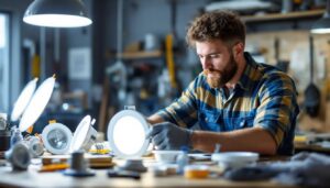 A photograph of capture a photograph of a lighting contractor in a well-lit workspace