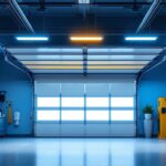 A photograph of a well-lit garage featuring sleek 4-foot led garage lights installed in the ceiling