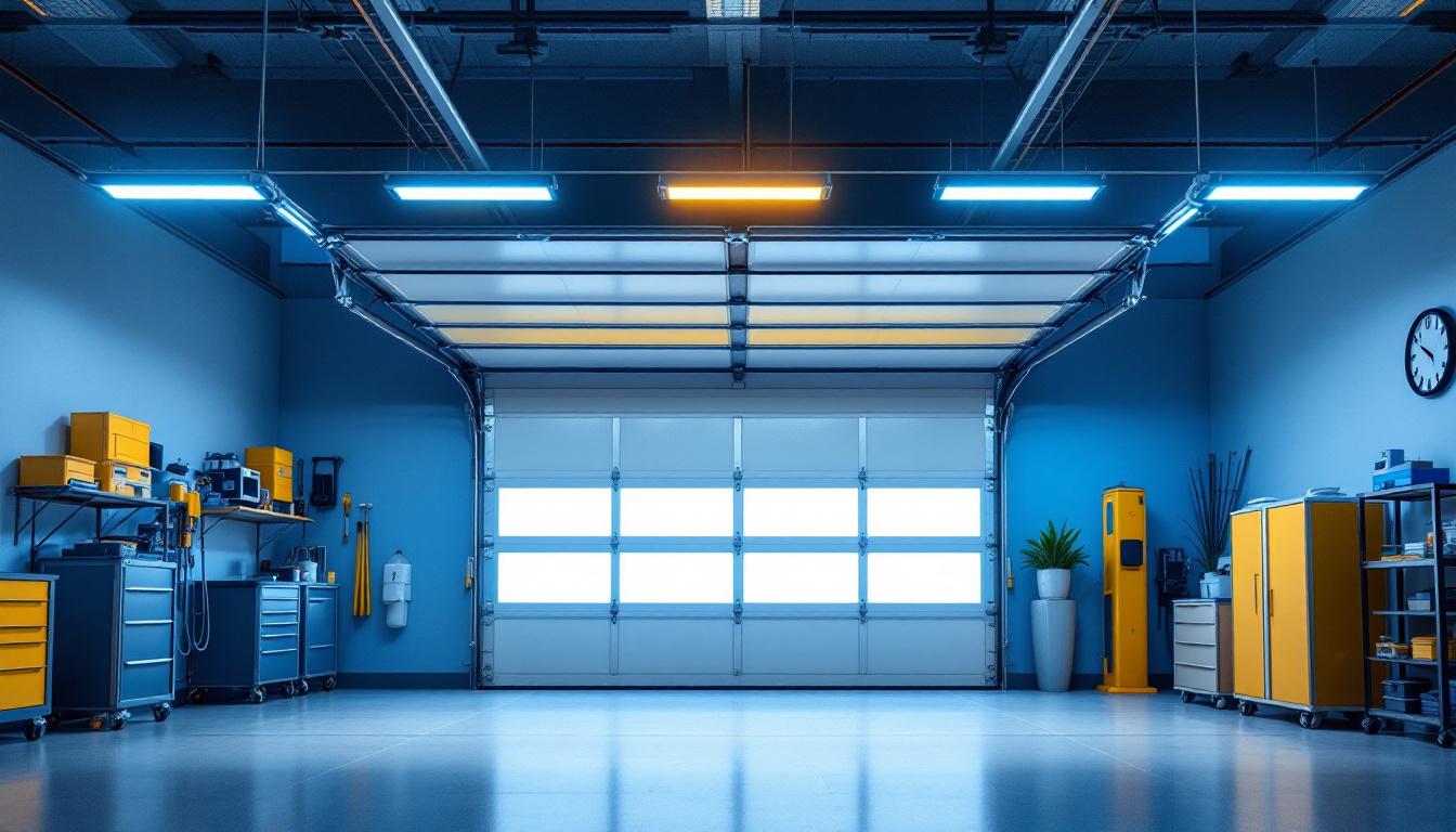 A photograph of a well-lit garage featuring sleek 4-foot led garage lights installed in the ceiling