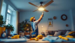 A photograph of a lighting contractor expertly installing a stylish ceiling fan in a well-lit