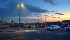 A photograph of a well-lit car parking area at dusk