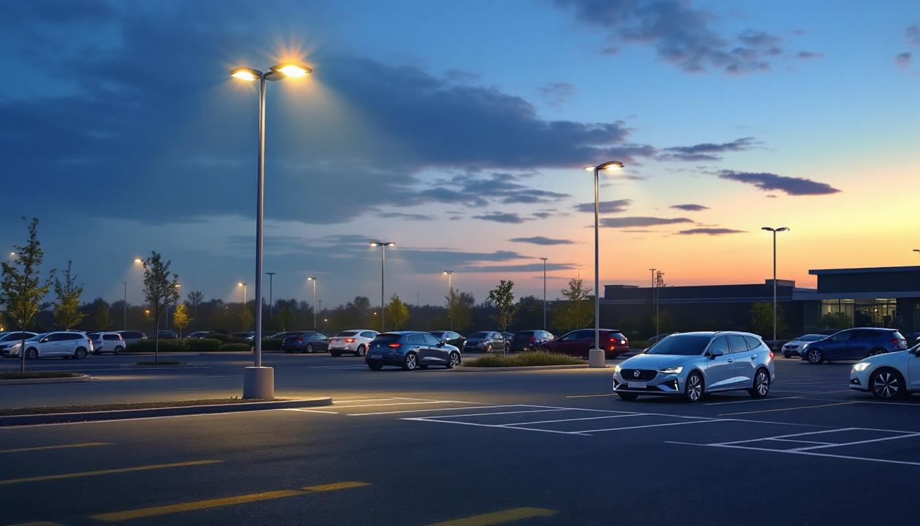 A photograph of a well-lit car parking area at dusk