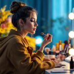 A photograph of a well-lit makeup vanity featuring a professional makeup artist applying makeup