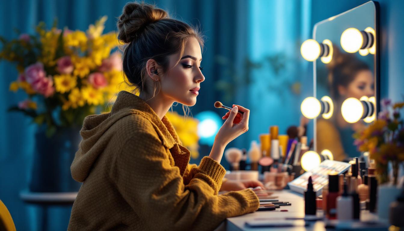 A photograph of a well-lit makeup vanity featuring a professional makeup artist applying makeup