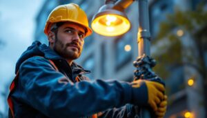 A photograph of a skilled lighting contractor installing or adjusting a modern streetlight in an urban setting